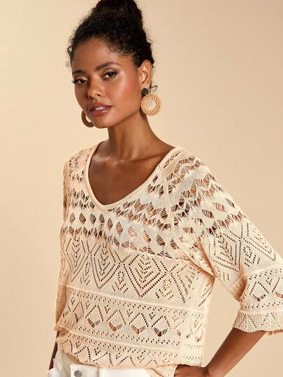 Travachic Blusa de punto de manga corta con diseño calado de unicolor para mujer