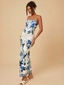 Travachic Women's Floral Print Bandeau Vacation Dress - Blue and White - View 7