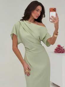 Aloruh Đầm dài màu xanh bạc hà thanh lịch, thiết kế bất đối xứng vai, thắt eo, thích hợp cho các bữa tiệc và dịp trang trọng. - màu xanh lá - Xem 4