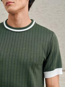 RONVEXI 男士休闲拼接圆领短袖针织衫，百搭日常穿搭，男士针织衫，男士休闲上衣，男士T恤，绿白配色，夏季男士服装，男士服装在线选购 - 軍綠色 - 查看 2