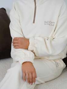 SAYEHFBABY 2件套女士刺绣长袖宽松上衣和休闲裤套装 秋冬运动服套装 - 卡其色 - 查看 3