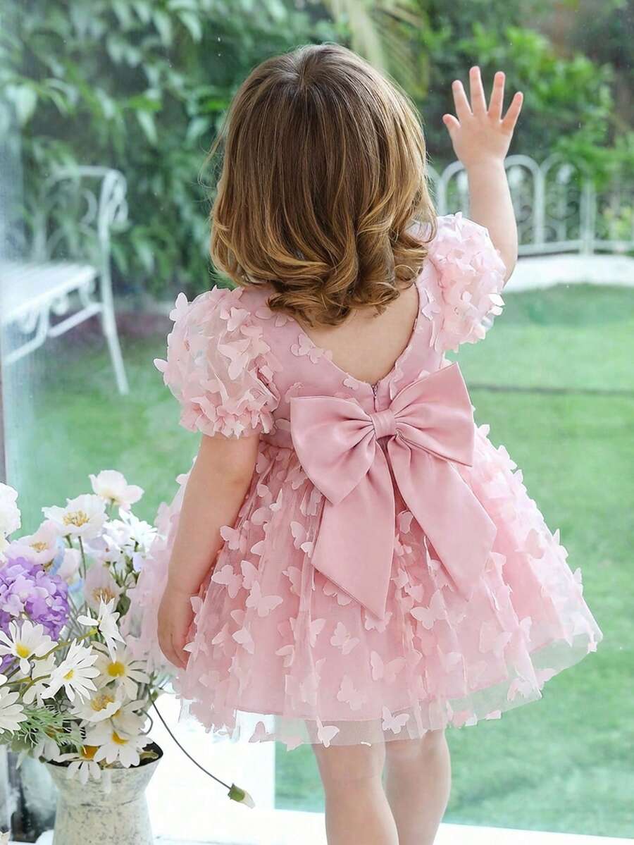 One-Piece Baby Girl 3D Bow Woven Princess Sleeve Dress, Suitable For Parties, Outings, And Other Occasions. Pink Toddler Butterfly Dress Pink Princess Dress Babygirl Princess Puffy Dress Pink Bow Dress Pink Flower Girl Dress - Pink - View 1