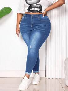 SHEIN CURVE+ Quần jeans lửng dáng ôm màu xanh dương, kiểu dáng thường ngày, gợi cảm, dành cho người có thân hình đầy đặn. - Rửa nhẹ - Xem 5