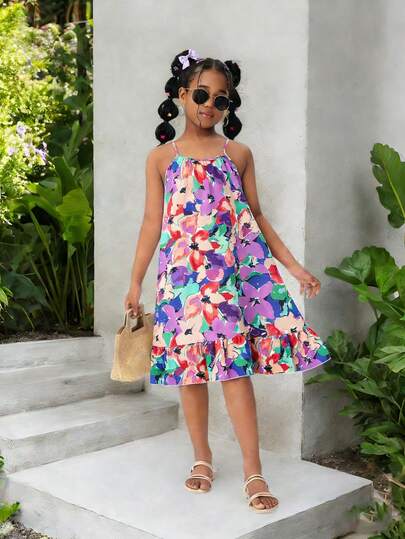 女童彩色碎花无袖荷叶边下摆休闲度假连衣裙