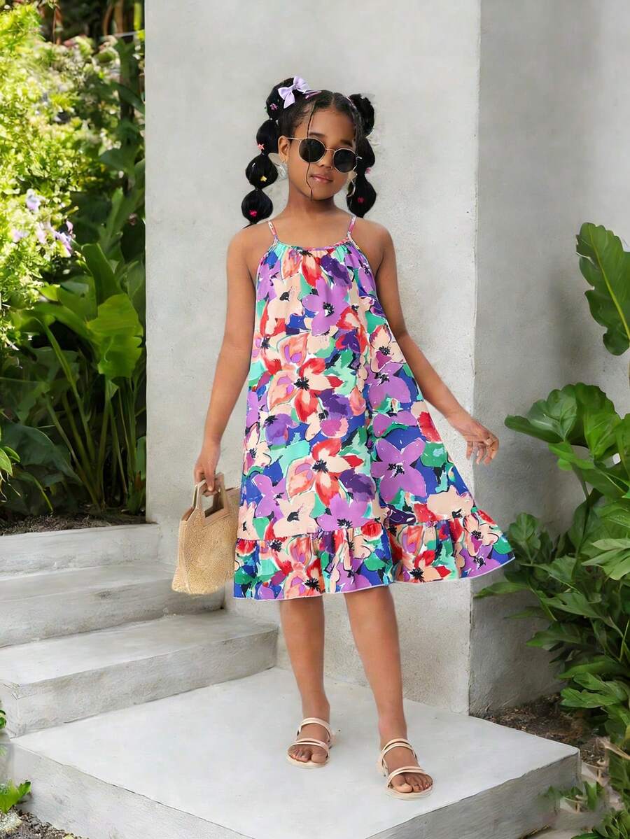 女童彩色碎花无袖荷叶边下摆休闲度假连衣裙 - 彩色 - 查看 1