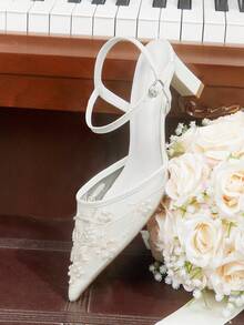 CUCCOO HITCHD Women's Embroidered Beaded Pointed Toe Chunky Heel High Heels, Elegant Slingback Pumps, Fashion For Wedding, Valentine's Day, Tea Party, Graceful Outfit Valentine's Day - White - View 7