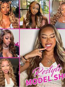 1pc Dyed Lace Front Wig, 4/27 Gradient Honey Gold Wig, Women's Style, 13x4 Front Lace High-Definition Transparent Lace Wig, 180% Density, Color Blended Hair Wig - S4/27 - View 4