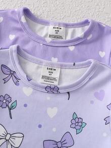 女童紫色蝴蝶结爱心印花短袖睡衣套装 - 淡紫色 - 查看 7