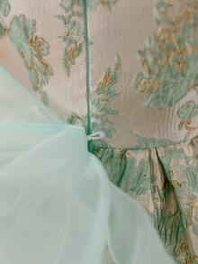 Glamorique Kids 女婴公主裙，蝴蝶结，绿色花卉提花面料，高品质面料，优雅提花连衣裙，适合中东、欧洲、美洲，奢华派对礼服，表演用女婴优雅连衣裙，绿色复古女婴连衣裙，薄荷绿女婴公主裙，优雅蓬蓬女婴连衣裙，欧式女婴连衣裙 - 綠色 - 查看 9