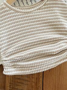 SHEIN Baby Girl Knitted Striped Pleated Crew Neck Top - Apricot - View 4