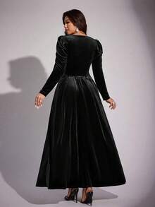 Viva Relle Plus Size Women Solid Color Sequin Patchwork Puff Sleeve Elegant Dress - Black - View 6