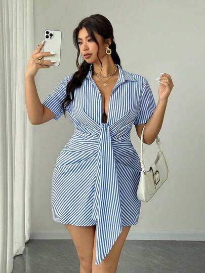SHEIN Elenzya Vestido casual de manga corta, cómodo y versátil, talla grande
