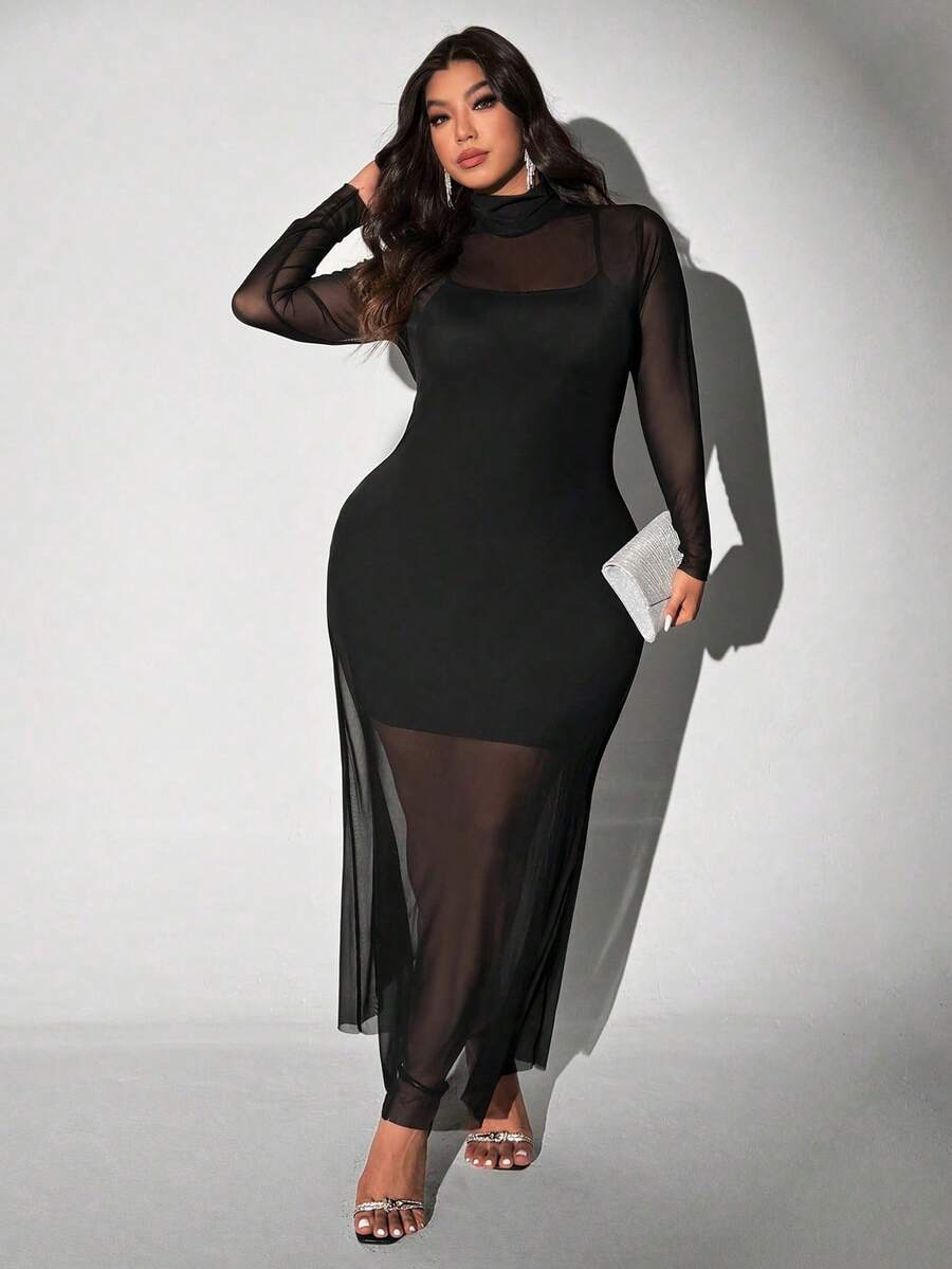 SHEIN CURVE+ Plus Size Elegant Romantic Mesh Sheer Long Sleeve Dress + Slip Dress 2 Pieces Set - Black - View 1