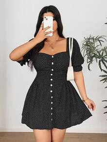 Vionelle Plus Size Women's Polka Dot Print Sweetheart Neck Puff Sleeve Button Design Fashionable Dress - Black - View 5