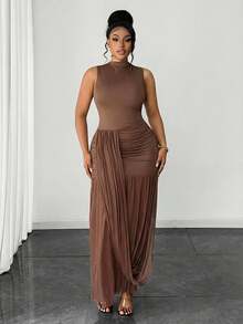 Maweii Plus Size Women Casual Vacation Ruffle Hem Fashionable Waist Cinched Bodycon Sexy Vacation Round Neck Dress - Brown - View 2