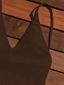 Swim Basics Women's Minimalist Solid Color Halter Backless One-Piece Swimsuit, Summer - Brown - View 4