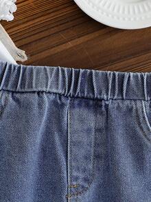 SHEIN Vintaside Kids Baby Mädchen Wassermelonen Stickerei Rundhals Rüschen Kurzarm Top und Jeans Hose Lässig Outfit - Weiss - Übersicht 4