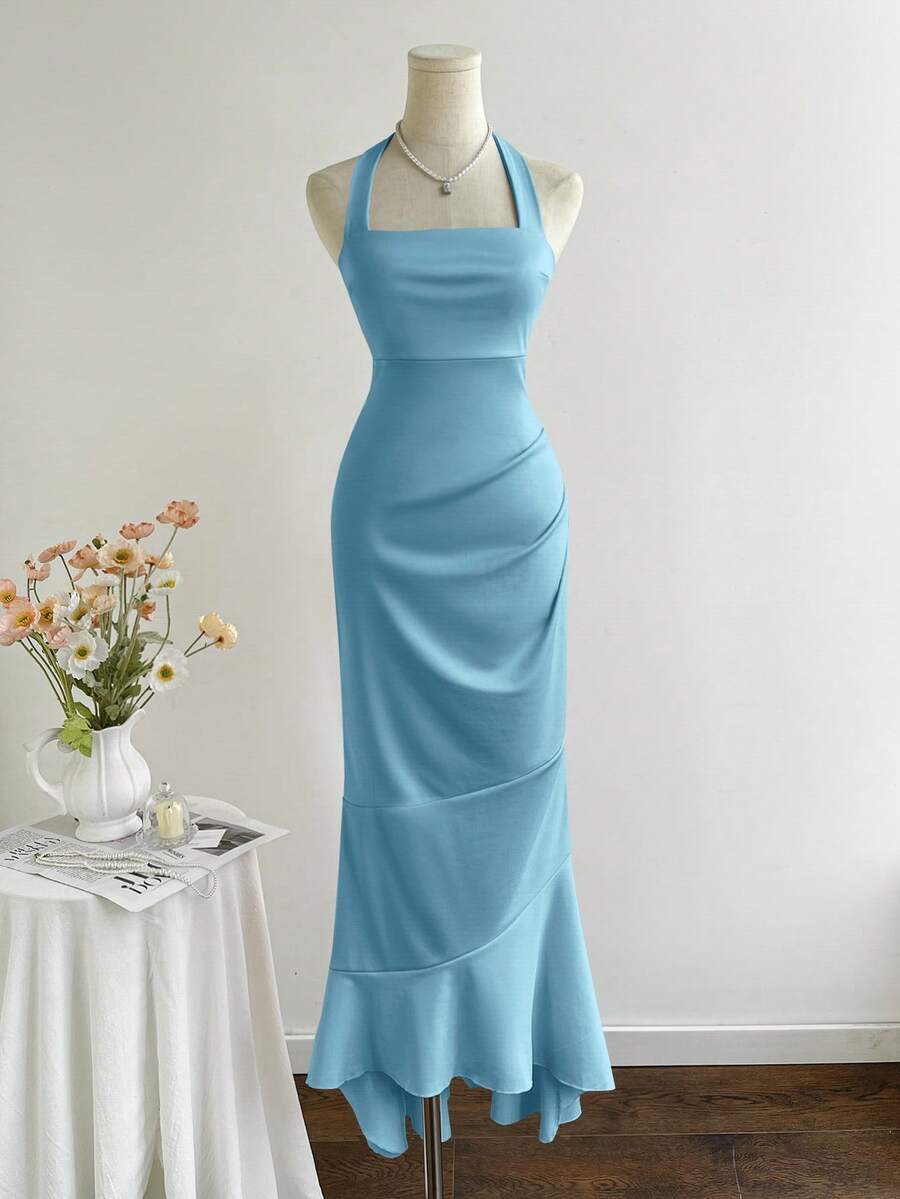 Elamini 优雅纯色鱼尾露背吊带连衣裙 - 天藍色 - 查看 1