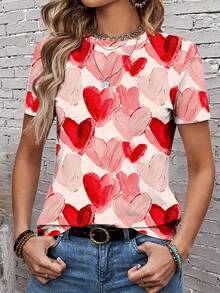 SHEIN LUNE 休闲简约彩色爱心印花情侣圆领宽松女式T恤 - 彩色 - 查看 6