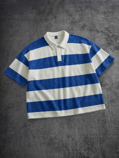 Manfinity ZONE917 宽松短款做旧条纹撞色星星图案Polo衫，版型宽松，适合约会和聚会，送给男朋友的绝佳礼物