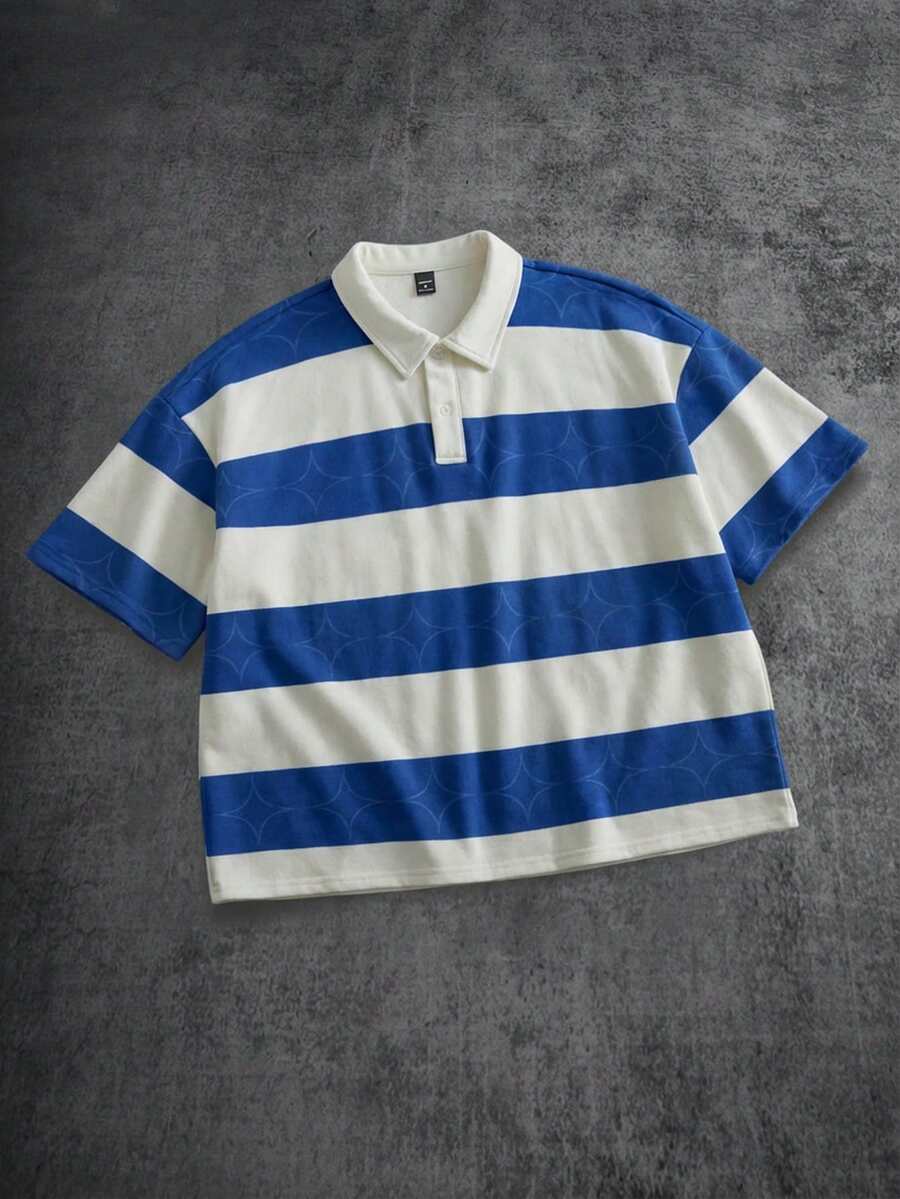 Manfinity ZONE917 Áo polo ngắn dáng rộng, lửng, họa tiết sọc dày, phối màu nổi bật, kiểu dáng thoải mái, thích hợp cho các buổi hẹn hò và tụ họp, món quà tuyệt vời cho bạn trai. - Nhiều màu - Xem 1