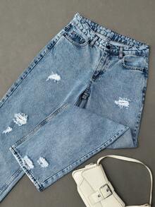 EURMUSE 女士口袋破洞阔腿宽松休闲百搭牛仔裤 - 藍色 - 查看 3