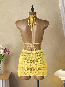 Swim Mod Áo hai dây nữ kiểu dáng trễ vai, thắt eo, có bèo nhún, thích hợp cho kỳ nghỉ biển. - Vàng nhạt - Xem 2