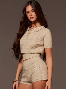 Athîral 女士休闲短袖 Polo 领针织镂空荷叶边短裤套装，燕麦色，春夏款 - 杏色 - 查看 4