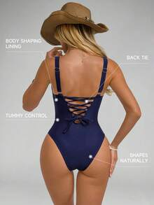 Shapewave 1 pieza Traje de baño de una sola pieza con control de abdomen, escote con cordones y espalda descubierta, estilo patchwork, color azul marino, para estilizar la figura en la playa o vacaciones - Azul Marino - Ver 2