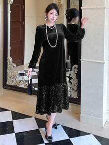 DAZY Women's Solid Color Round Neck Lantern Sleeve Sequin Ruffle Hem Elegant Dress - Black - View 4