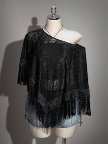 SHEIN ICON 大码女式复古性感优雅个性前卫大胆现代时尚都市新款中式宴会/晚宴网纱提花拼接流苏半透明圆领黑色宽松上衣 - 黑色 - 查看 7