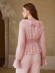MOTF PREMIUM WOMEN'S ROMANTIC ELEGANT RUFFLE TRIM PINK LONG SLEEVE BLOUSE, SPRING/SUMMER - Baby Pink - View 3
