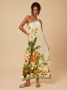 Travachic Women's Tropical Print Asymmetrical Shoulder Vacation Dress - Yellow - View 3