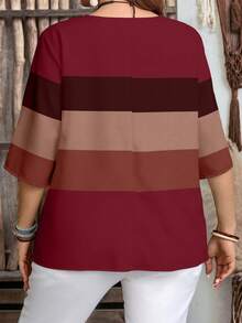 EMERY ROSE Casual Minimalist Red Base Geometric Striped Print Plus Size Shirt, Suitable For Spring And Autumn - Multicolor - View 2