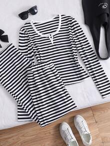 2pcs/Set Casual Striped Polo Collar Top And Straight Leg Pants Set For Teen Girl Versatile For Spring/Autumn Commuting - Pink - View 1