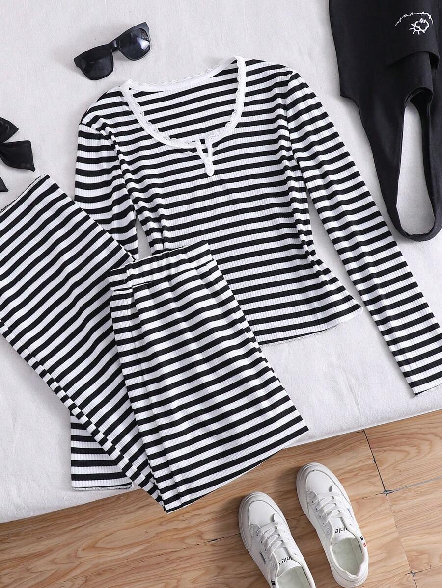 2pcs/Set Casual Striped Polo Collar Top And Straight Leg Pants Set For Teen Girl Versatile For Spring/Autumn Commuting - Pink - View 1