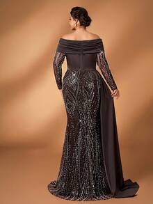 Serin 大码优雅奢华咖啡色露肩礼服，饰有串珠和亮片，褶皱袖，鱼尾裙摆，适合婚礼、派对、度假、舞会、新娘母亲晚礼服 - 咖啡棕 - 查看 3