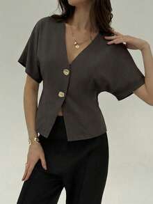 Aloruh Elegant Batwing Sleeve Double-Breasted Open Front Solid White Shirt