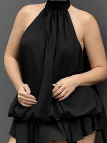 Kuleshova 女士优雅浅黄色挂脖系带迷你连衣裙 - 黑色 - 查看 3