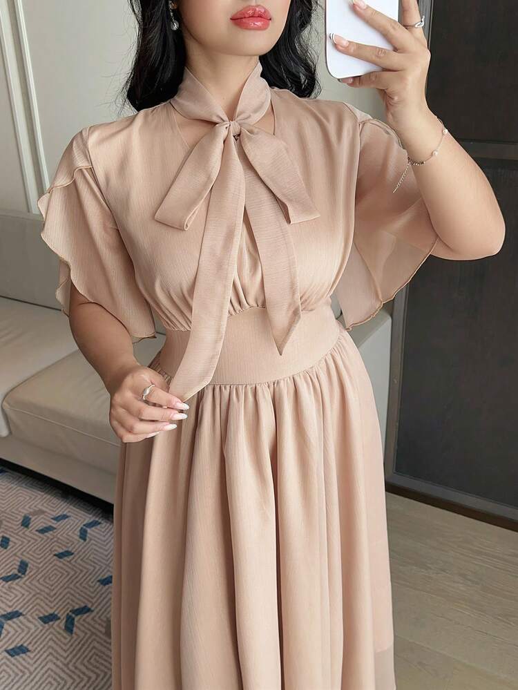 Dazy Plus Plus Size Women's Solid Color V-Neck Belted Long Elegant Chiffon Short Sleeve Dress, Spring/Summer Sundress