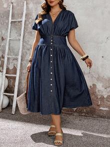 EMERY ROSE Plus Size Summer Casual Washed Pleated Front Button Down Denim Dress,Summer,Valentine's Day, - Blue - View 1