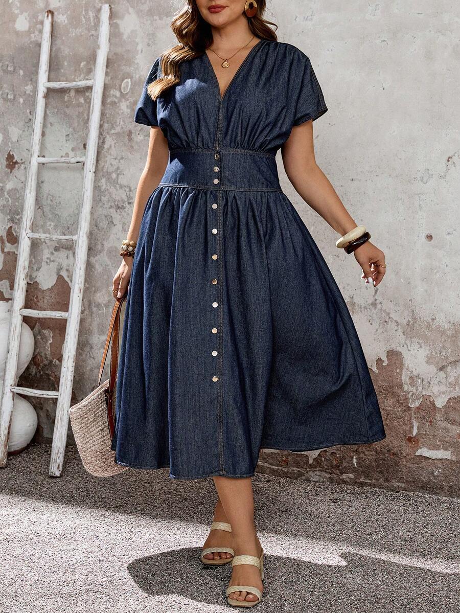 EMERY ROSE Plus Size Summer Casual Washed Pleated Front Button Down Denim Dress,Summer,Valentine's Day, - Blue - View 1