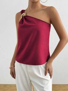 RosyDaze Camisa casual y elegante de unicolor para mujer con botón decorativo de metal, para verano - Rojo - Ver 4