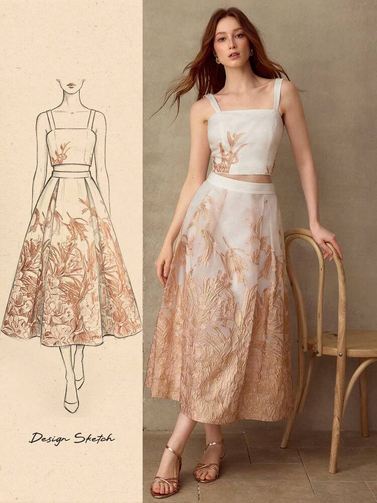 WOMEN'S CASUAL VACATION STYLE FLORAL JACQUARD SHIRRED BACK CROPPED CAMI TOP AND FLARED HEM SKIRT SET, SUMMER