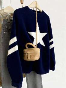 Resyla Women's Casual Round Neck Jacquard Star Pattern Long Sleeve Sweater, Autumn/Winter - Navy Blue - View 1