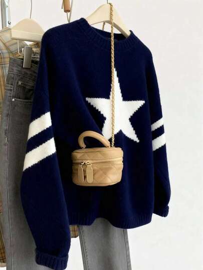 Resyla Women's Casual Round Neck Jacquard Star Pattern Long Sleeve Sweater, Autumn/Winter