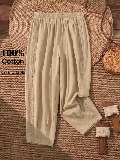 EMERY ROSE Plus Size Women's Summer Casual Vacation  Country  Casual Vacation Lace Patchwork Solid Color Khaki Cropped Pants With Pockets,Early Spring,Spring Break Outfits ,Vacation Outfits Women ,Holiday Outfits For Women,Spring Dress Women,Going Out Outfits,2026 New Clothes,Simple And Fashionable For Everyday Wear