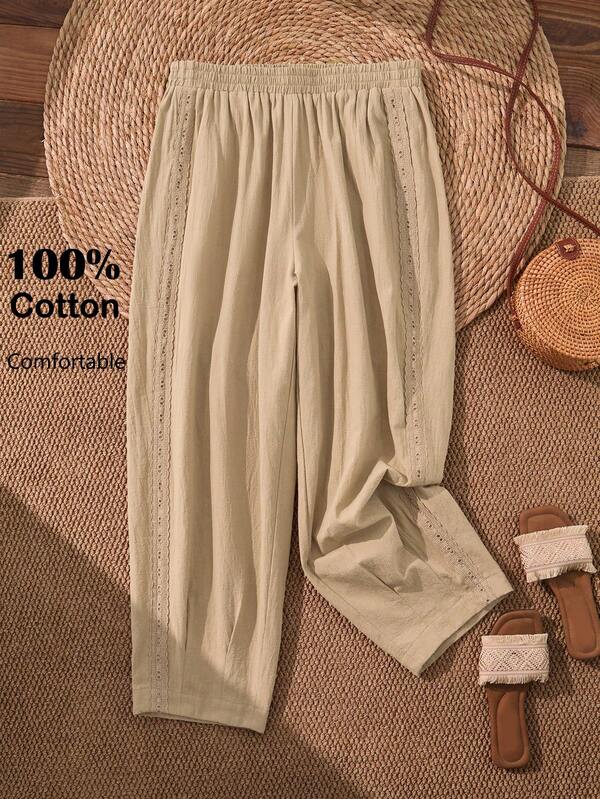 EMERY ROSE Plus Size Women's Summer Casual Vacation  Country  Casual Vacation Lace Patchwork Solid Color Khaki Cropped Pants With Pockets,Early Spring,Spring Break Outfits ,Vacation Outfits Women ,Holiday Outfits For Women,Spring Dress Women,Going Out Outfits,2026 New Clothes,Simple And Fashionable For Everyday Wear