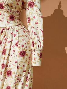 DreamSkyne 大码女式复古法式束腰奢华高端碎花长袖不对称下摆连衣裙，适合日常约会/下午茶、商务通勤、成熟聚会、休闲外出、春夏穿着。 - 彩色 - 查看 4