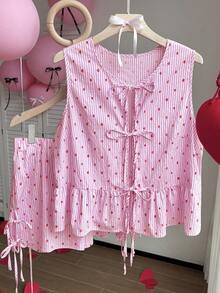 Comfortcana 2件套加大码爱心条纹系带吊带背心和短裤休闲度假套装，春夏款 - 粉色 - 查看 6